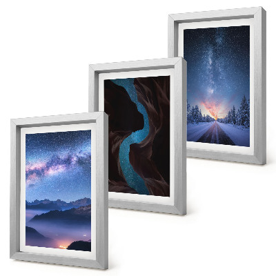 Conjunto de 3 quadros decorativos Céu noturno, montanhas, desfiladeiro e paisagem de inverno