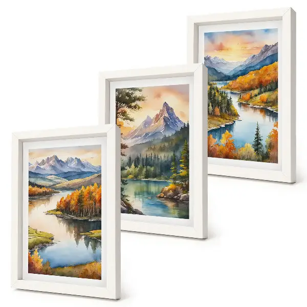 Conjunto de molduras com imagens paisagens montanhosas com rio e árvores coloridas