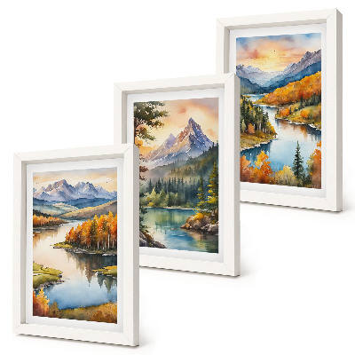 Conjunto de molduras com imagens Paisagens montanhosas com um rio e árvores coloridas.
