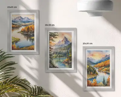 Conjunto de molduras com imagens paisagens montanhosas com rio e árvores coloridas