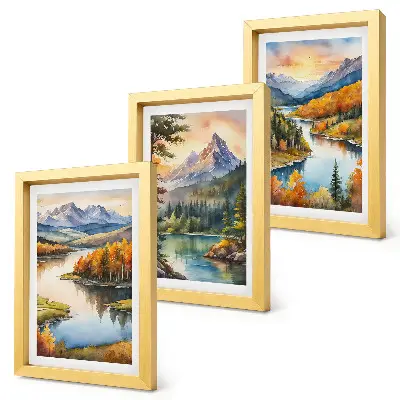 Conjunto de molduras com imagens paisagens montanhosas com rio e árvores coloridas