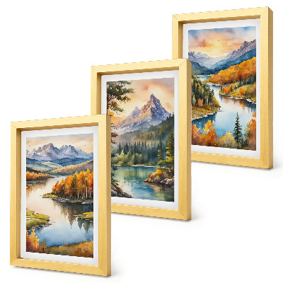 Conjunto de molduras com imagens Paisagens montanhosas com um rio e árvores coloridas.
