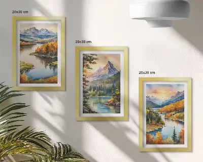 Conjunto de molduras com imagens paisagens montanhosas com rio e árvores coloridas