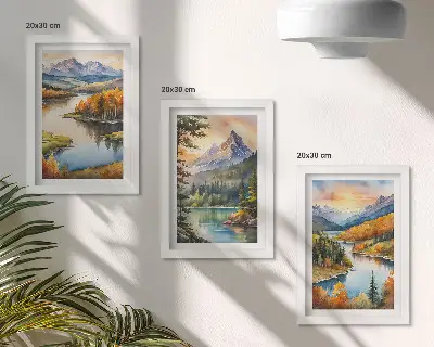 Conjunto de molduras com imagens paisagens montanhosas com rio e árvores coloridas