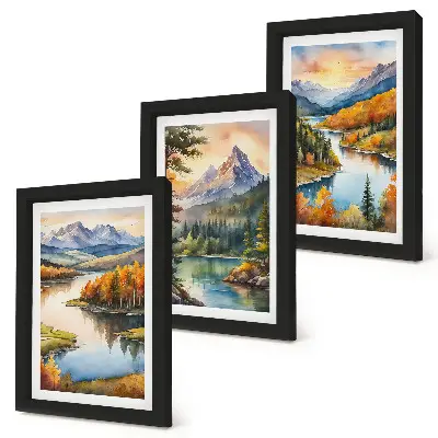 Conjunto de molduras com imagens paisagens montanhosas com rio e árvores coloridas