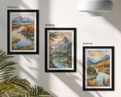 Conjunto de molduras com imagens paisagens montanhosas com rio e árvores coloridas