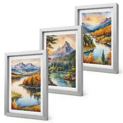 Conjunto de molduras com imagens paisagens montanhosas com rio e árvores coloridas