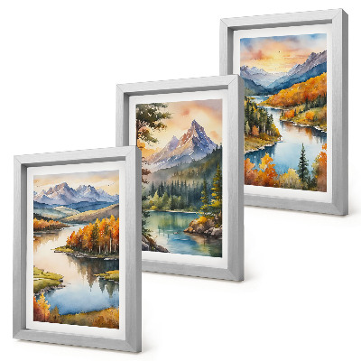 Conjunto de molduras com imagens Paisagens montanhosas com um rio e árvores coloridas.