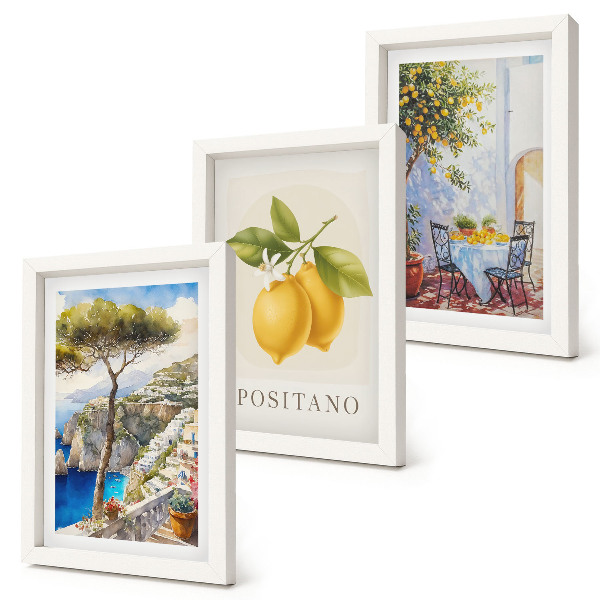 Conjunto de 3 quadros decorativos Vista de Positano com limoeiros ao sol.