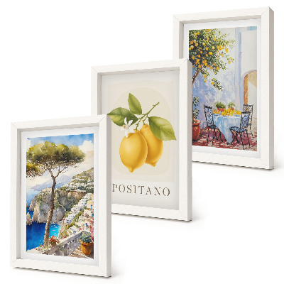 Conjunto de 3 quadros decorativos Vista de Positano com limoeiros ao sol.