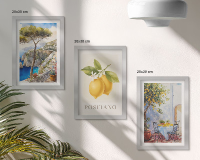 Conjunto de 3 quadros decorativos Vista de Positano com limoeiros ao sol.