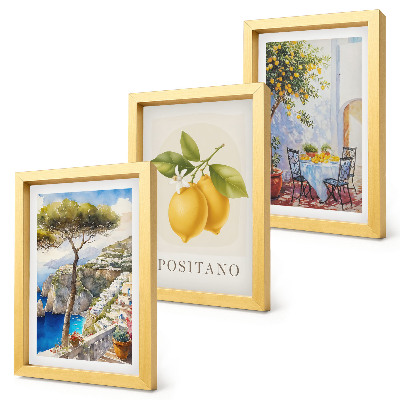 Conjunto de 3 quadros decorativos Vista de Positano com limoeiros ao sol.