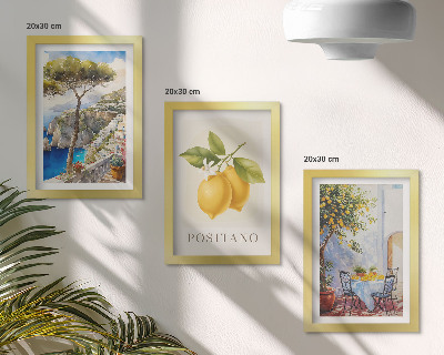 Conjunto de 3 quadros decorativos Vista de Positano com limoeiros ao sol.