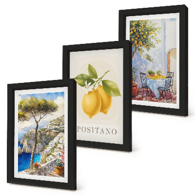 Conjunto de 3 quadros decorativos Vista de Positano com limoeiros ao sol.