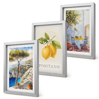Conjunto de 3 quadros decorativos Vista de Positano com limoeiros ao sol.