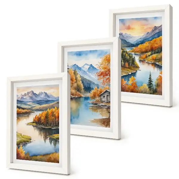 Conjunto de molduras com imagens paisagens outonais de montanha com rio e casa de campo