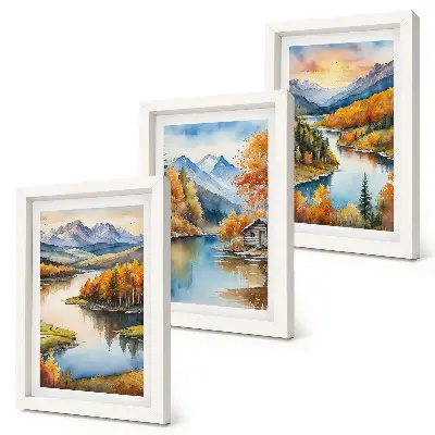 Conjunto de molduras com imagens paisagens outonais de montanha com rio e casa de campo
