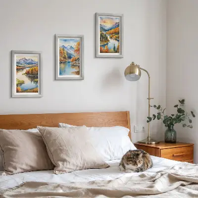 Conjunto de molduras com imagens paisagens outonais de montanha com rio e casa de campo