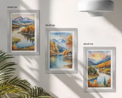 Conjunto de molduras com imagens paisagens outonais de montanha com rio e casa de campo