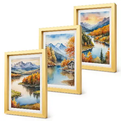 Conjunto de molduras com imagens paisagens outonais de montanha com rio e casa de campo