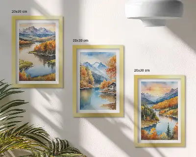 Conjunto de molduras com imagens paisagens outonais de montanha com rio e casa de campo