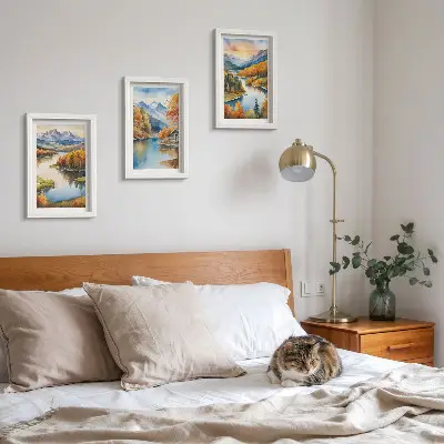 Conjunto de molduras com imagens paisagens outonais de montanha com rio e casa de campo
