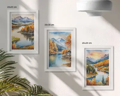 Conjunto de molduras com imagens paisagens outonais de montanha com rio e casa de campo