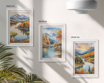 Conjunto de molduras com imagens Paisagens outonais de montanha com um rio e uma casa de campo à beira da água.
