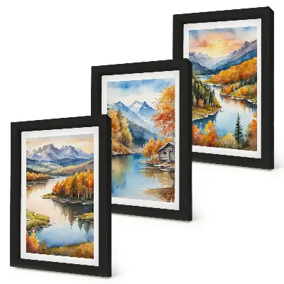 Conjunto de molduras com imagens paisagens outonais de montanha com rio e casa de campo