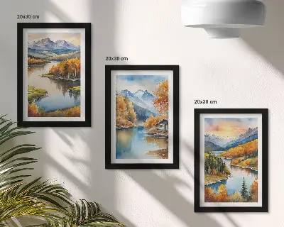 Conjunto de molduras com imagens paisagens outonais de montanha com rio e casa de campo