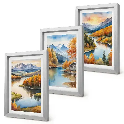 Conjunto de molduras com imagens paisagens outonais de montanha com rio e casa de campo