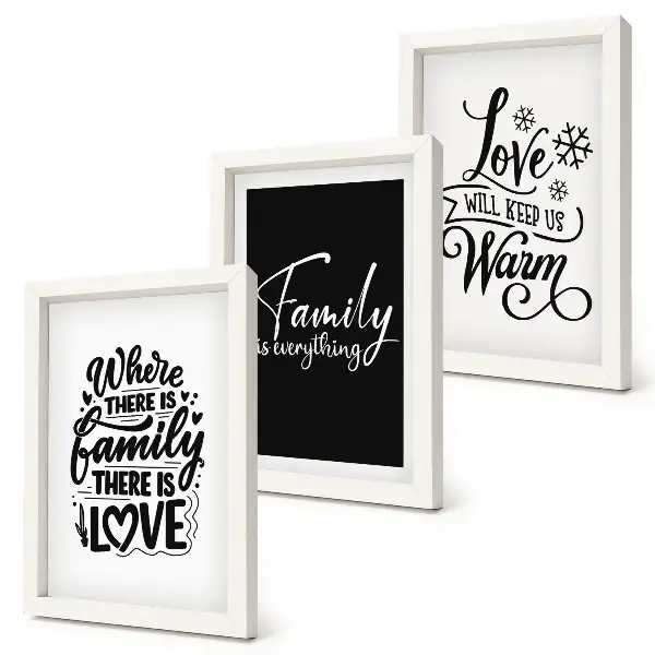 Tríptico com moldura com frases inspiradoras sobre família, amor e aconchego
