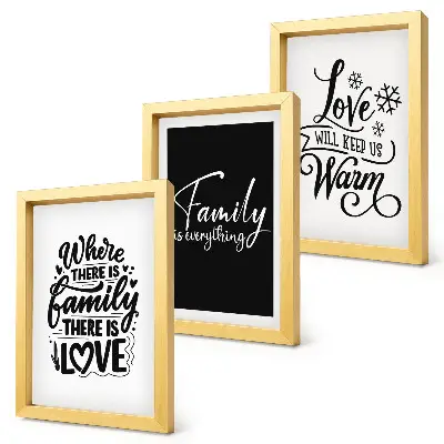 Tríptico com moldura com frases inspiradoras sobre família, amor e aconchego