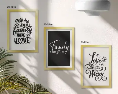 Tríptico com moldura com frases inspiradoras sobre família, amor e aconchego