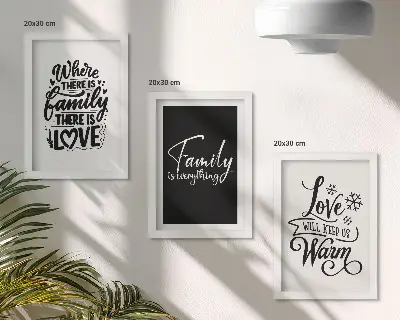Tríptico com moldura com frases inspiradoras sobre família, amor e aconchego