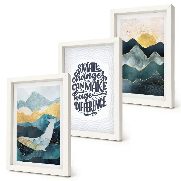 Conjunto de 3 quadros decorativos com inscrição inspiradora e paisagem montanhosa abstrata