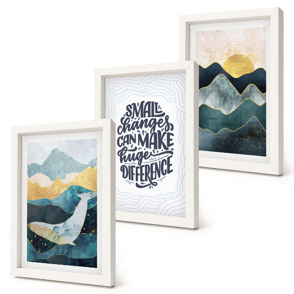 Conjunto de 3 quadros decorativos Inscrição inspiradora de paisagens montanhosas abstratas
