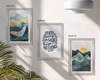 Conjunto de 3 quadros decorativos com inscrição inspiradora e paisagem montanhosa abstrata