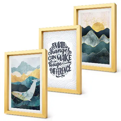 Conjunto de 3 quadros decorativos com inscrição inspiradora e paisagem montanhosa abstrata