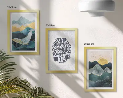 Conjunto de 3 quadros decorativos com inscrição inspiradora e paisagem montanhosa abstrata