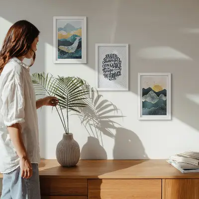 Conjunto de 3 quadros decorativos com inscrição inspiradora e paisagem montanhosa abstrata