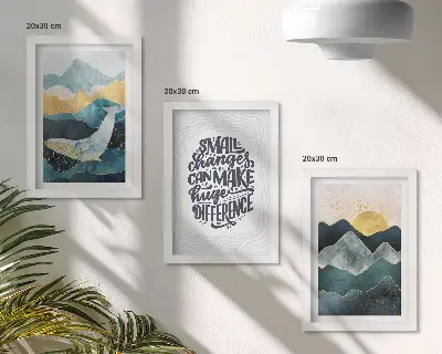 Conjunto de 3 quadros decorativos com inscrição inspiradora e paisagem montanhosa abstrata
