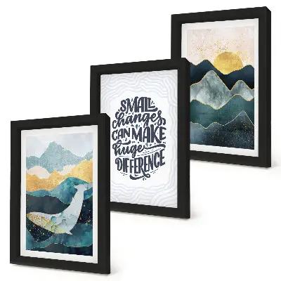 Conjunto de 3 quadros decorativos com inscrição inspiradora e paisagem montanhosa abstrata
