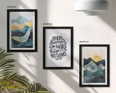 Conjunto de 3 quadros decorativos com inscrição inspiradora e paisagem montanhosa abstrata