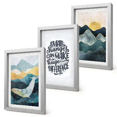 Conjunto de 3 quadros decorativos com inscrição inspiradora e paisagem montanhosa abstrata