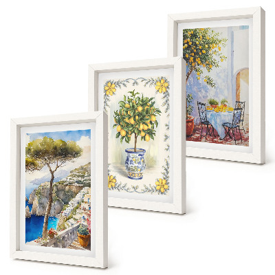 Conjunto de 3 quadros decorativos Vista para o mar com limoeiros.