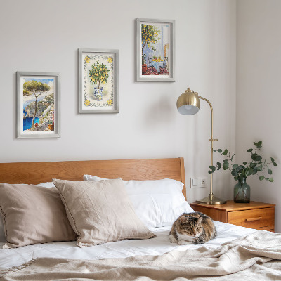 Conjunto de 3 quadros decorativos Vista para o mar com limoeiros.