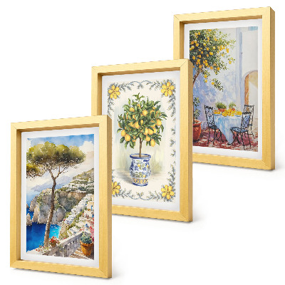 Conjunto de 3 quadros decorativos Vista para o mar com limoeiros.