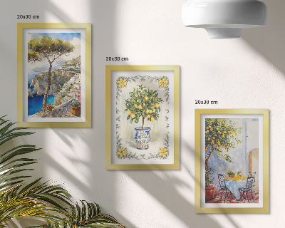 Conjunto de 3 quadros decorativos Vista para o mar com limoeiros.