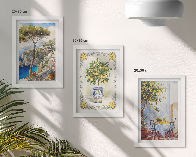 Conjunto de 3 quadros decorativos Vista para o mar com limoeiros.